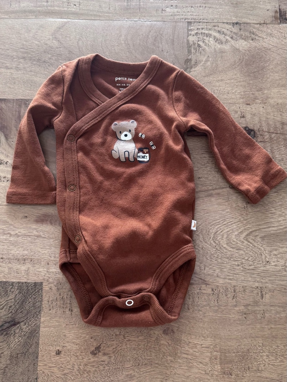 Petit Lem Rust Brown Bear Wrap Front Baby One-Piece onesie sz new born